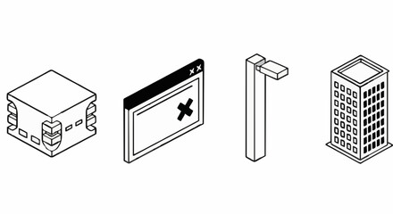 Isometric City Icons Featuring Buildings, Streetlights, Windows, and Urban Elements for Design