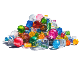 Pile of colorful glass orbs, cubes, & clear bottles