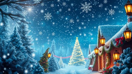 Festive Winter Wonderland: An enchanting winter landscape unfolds, with gently falling snowflakes, festive lights adorning snow-covered trees and charming buildings, evoking a sense of seasonal joy.