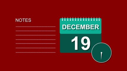 December 19 Calendar cyan color Animation, with Free for Notes and Writing element. Red background 4k video.