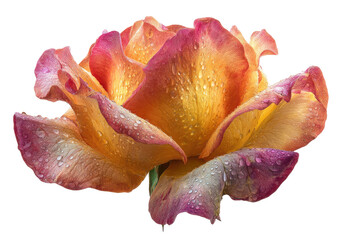 Rose bloom with dew, gradient hues, edges fading to pink