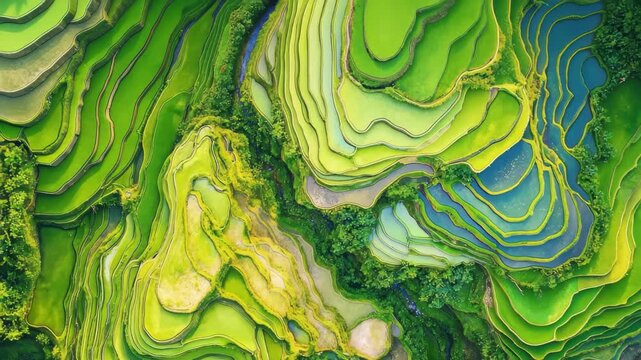 Explore the breathtaking beauty of terraced rice paddies under clear skies, Aerial shot of the amazing terraced rice paddies in the mountains near Banaue Philippines