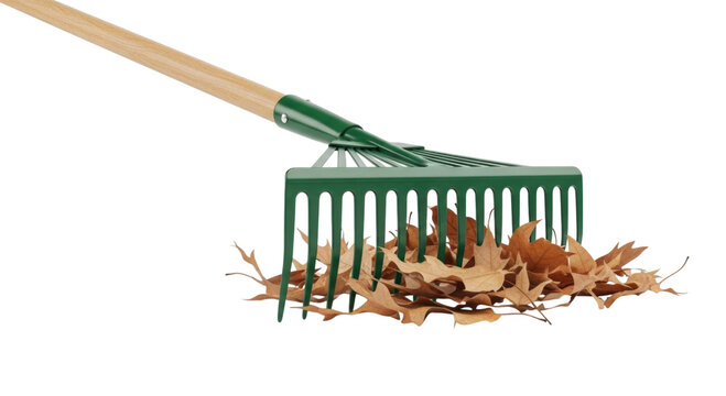 Green rake gathering autumn leaves transparent background cutout png