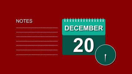 December 20 Calendar cyan color Animation, with Free for Notes and Writing element. Red background 4k video.