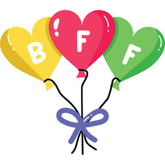 Three Heart Shaped Balloons Tied With A Blue Ribbon With B F F Written On Them In Yellow Red And Green Colors Isolated On A Transparent Background