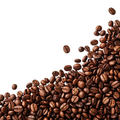 Naklejka premium Roasted coffee beans pile, spilling from top corner. Isolated on transparent background