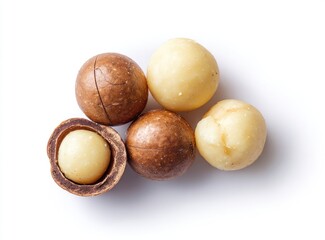 Four macadamia nuts, one halved, displayed on a white background