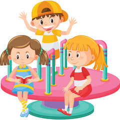 Three Happy Diverse Children Enjoying a Colorful Playground Merry Go Round on a Sunny Day with One Reading a Book and Another Waving Their Hands Excitedly