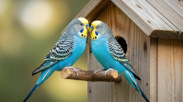 Two vibrantly colored blue budgerigars, also known as parakeets, are perched closely on a natural wooden branch, their beaks almost touching in a tender and affectionate interaction. They are position