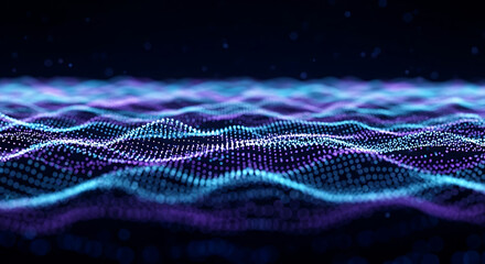 Digital Data Stream: An abstract visualization of a digital data stream, with vibrant blue and purple particles forming a wave-like pattern against a dark background.