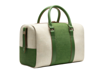 Stylish off-white duffel bag with green accents, isolated