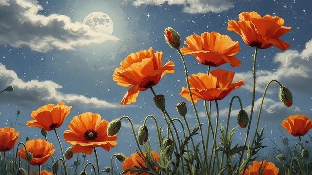 Vibrant orange flowers, resembling poppies, unfurl gracefully under a mystical night sky. A luminous full moon, partially veiled by soft, ethereal clouds, casts a gentle glow across the enchanting sce
