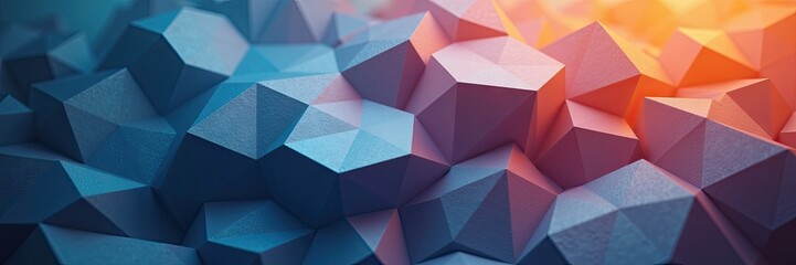 Abstract geometrical composition displays a gradient transition, showcasing shades of blue, pink, and orange, creating a dynamic and three-dimensional visual with sharp angles and textures.