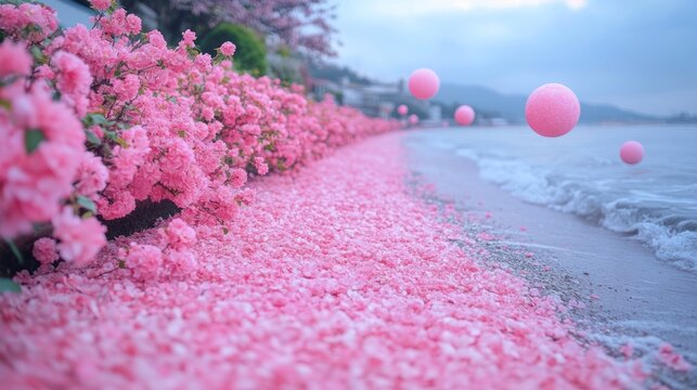 Pink petals carpet a beach, with floating spheres - Powered by Adobe