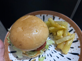A homemade hamburger with a side of thick-cut french fries served on a decorative patterned plate.