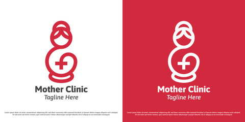 Mother clinic logo design vector illustration. Silhouette of a mother and baby in the womb. Abstract feminine health icon symbol.
