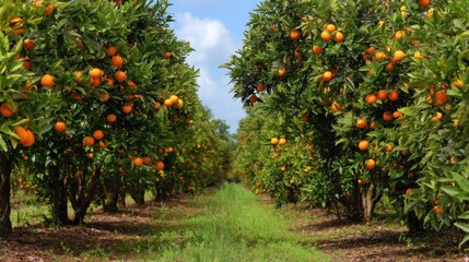 Orange trees in an orchard with ripe fruits