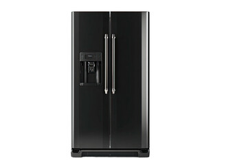 Large black fridge freezer with dispenser, closed doors
