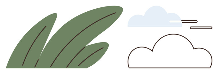 Green leaves with light blue and outlined clouds evoke nature, serenity, eco-friendliness, and growth. Ideal for environment, sustainability, health, outdoors simplicity renewal clean living. A