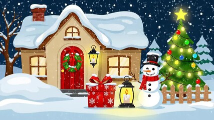 Cozy christmas cottage illustration with glowing snowman decorated tree and falling snow holiday winter scene - Powered by Adobe
