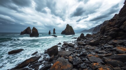 Dramatic Coastal Landscape: The raw power of nature unfolds, with the rhythmic crash of waves against the rugged coastline under a turbulent, cloud-filled sky. 