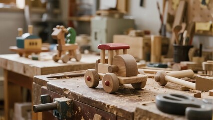 Handcrafted wooden toy car on a workbench in a carpentry workshop