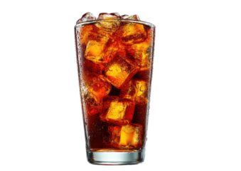 Iced drink dark liquid, ice cubes, condensation on glass