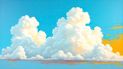 Dramatic cumulus cloud formation fills a vibrant blue sky, exhibiting a stunning display of fluffy white and soft yellow hues with their reflections appearing across a still, azure water surface,...