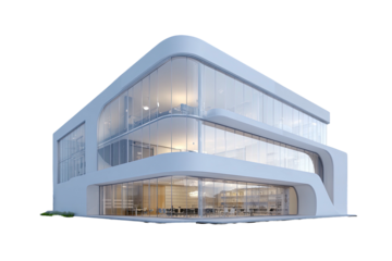 Modern building. Curved white frame, walls of glass