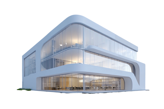 Modern building. Curved white frame, walls of glass
