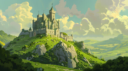 Enchanting fairytale castle perched atop rolling green hills beneath a dreamy sky, perfect for storybooks, fantasy games, and magical adventures
