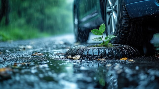 Rainy road, car tire, sprouting plant - Powered by Adobe