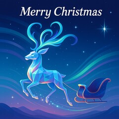Crystal reindeer with swirling aurora antlers pulling a levitating sled across star trails, with &ldquo;Merry Christmas"