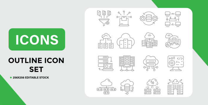 Outline Icon Set for Data Processing Cloud Computing and Network Management