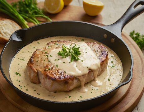 pork chop covered in dijon cream sauce in a skillet