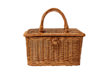 Woven picnic basket with curved handle against black backdrop