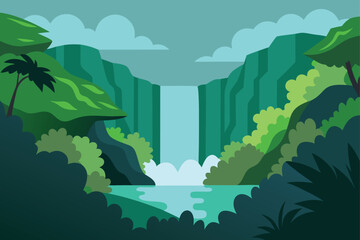 Lush tropical jungle waterfall in a mountain landscape Vector