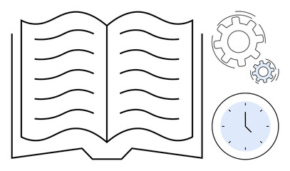 Open book with flowing lines, gears indicating processes, and a clock symbolizing time management. Ideal for education, productivity, planning, organization, knowledge, workflow simple flat metaphor