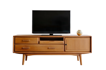 TV on wooden console table with drawers and small vase