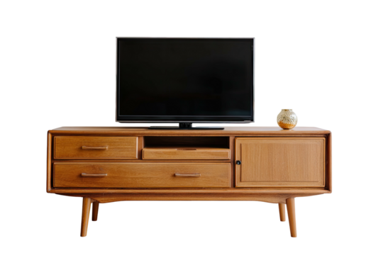 TV on wooden console table with drawers and small vase