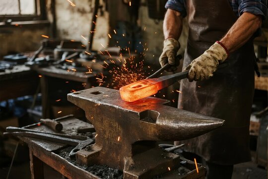 Blacksmith forging hot metal on an anvil with sparks flying in a workshop