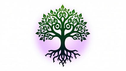 A stylized, symmetrical tree symbol, featuring elaborate branches and roots, with a gradient and glow.