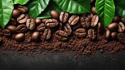 Roasted coffee beans and grounds with fresh leaves