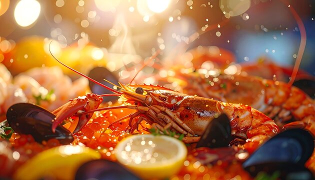 Close-up of a seafood paella with shrimp and mussels, steam rising - Powered by Adobe