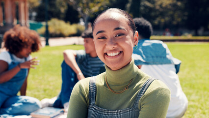 Woman, student and relax with portrait outdoor for education, group study and break from learning. Smile, female person and rest with university friends, scholarship and happy for knowledge at park