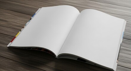 Open blank magazine or brochure with empty pages and colorful index tabs, ideal for mockups and advertising, resting on a rustic wooden table