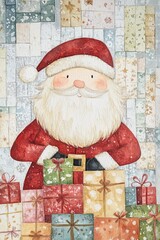 santa claus with gifts, grunge texture whimsical illustration greeting card Christmas
