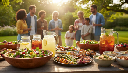Healthy food and drinks on a wooden table at a backyard garden party. Diverse group of family and friends socializing in the blurred sunny background during a golden hour summer gathering.