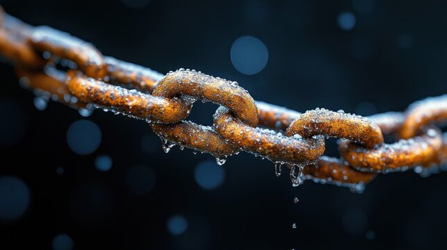 Rusty chain link dripping with water droplets - Powered by Adobe