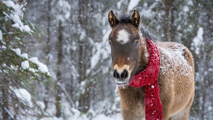 Brown horse with red scarf in snowy forest foal young horse
